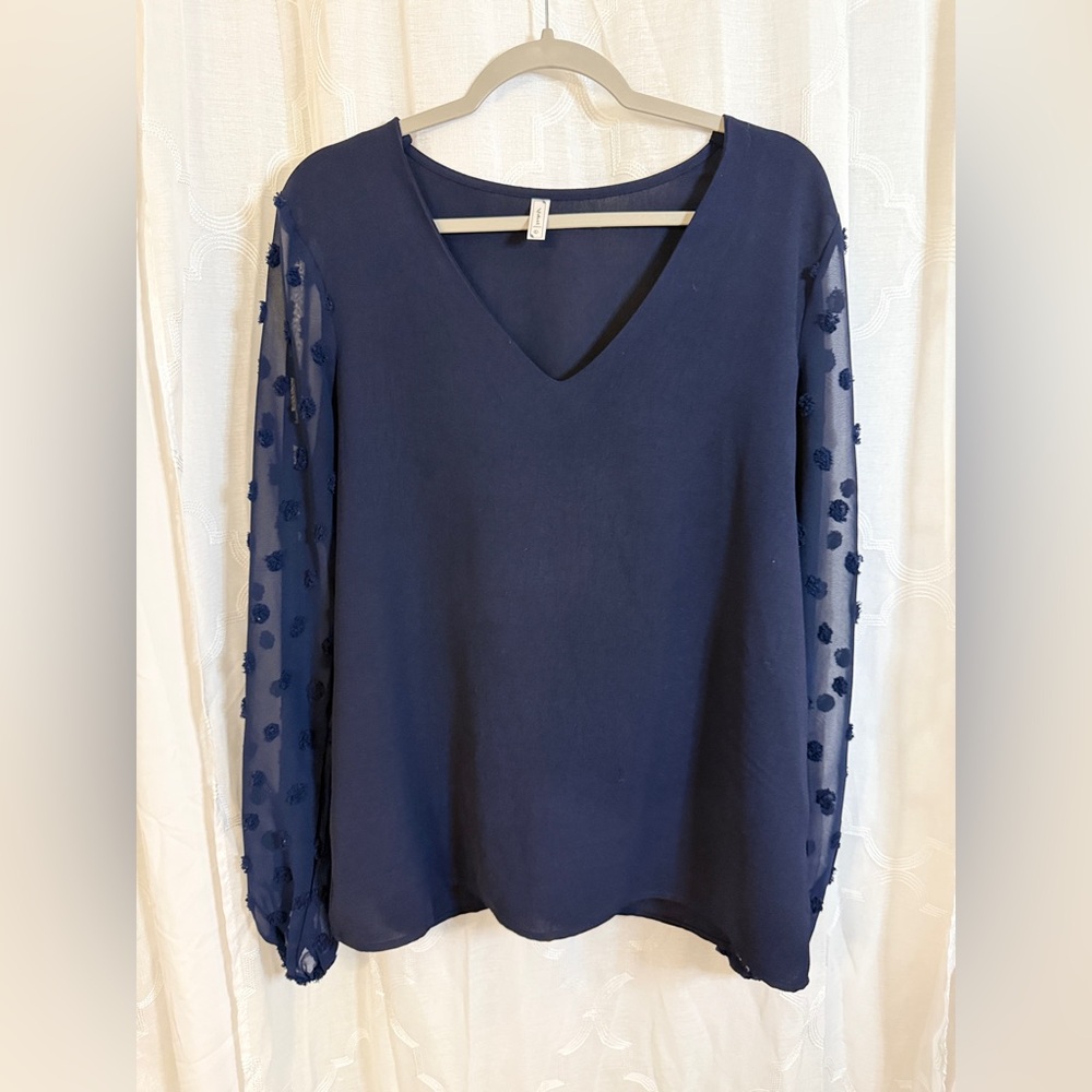 Chic fashion collection Navy Blue Blouse with Textured Sheer Sleeve | Size Large